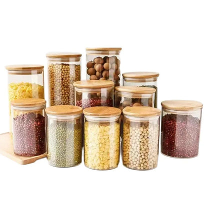 Wood Lid Transparent Glass Food Storage Jars Kitchen Storage Bottles Jar Sealed For Tea,Coffee,Sugar Cereal Dispenser Orgnizer