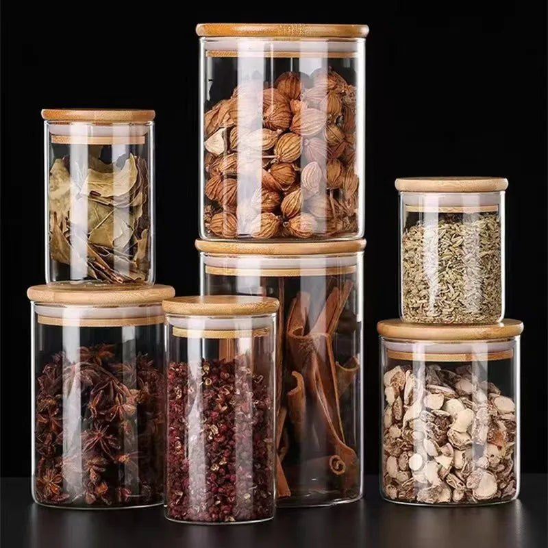 Wood Lid Transparent Glass Food Storage Jars Kitchen Storage Bottles Jar Sealed For Tea,Coffee,Sugar Cereal Dispenser Orgnizer
