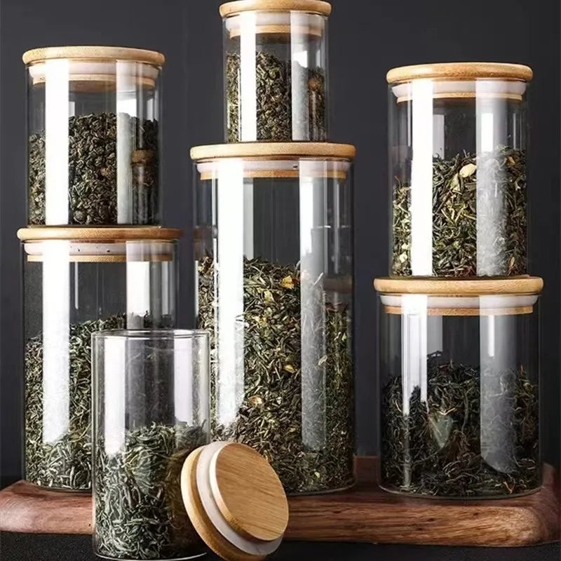 Wood Lid Transparent Glass Food Storage Jars Kitchen Storage Bottles Jar Sealed For Tea,Coffee,Sugar Cereal Dispenser Orgnizer