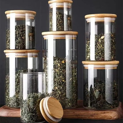 Wood Lid Transparent Glass Food Storage Jars Kitchen Storage Bottles Jar Sealed For Tea,Coffee,Sugar Cereal Dispenser Orgnizer